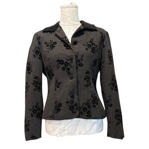 Vintage Wool Floral Blazer Gray Black Velvet Petites Sz 8 Tailored Feminine Chic